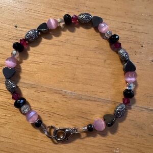 Silver Tone Faceted Acrylic Metal Hematite Beaded Bracelet